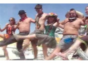 Most Dancers Wearing Fake Mustaches In A Can-Can Line