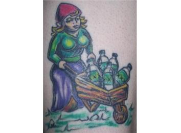 Most Bottles In A Tattoo Of A Gnome Pushing A Wheelbarrow Of Bottles 