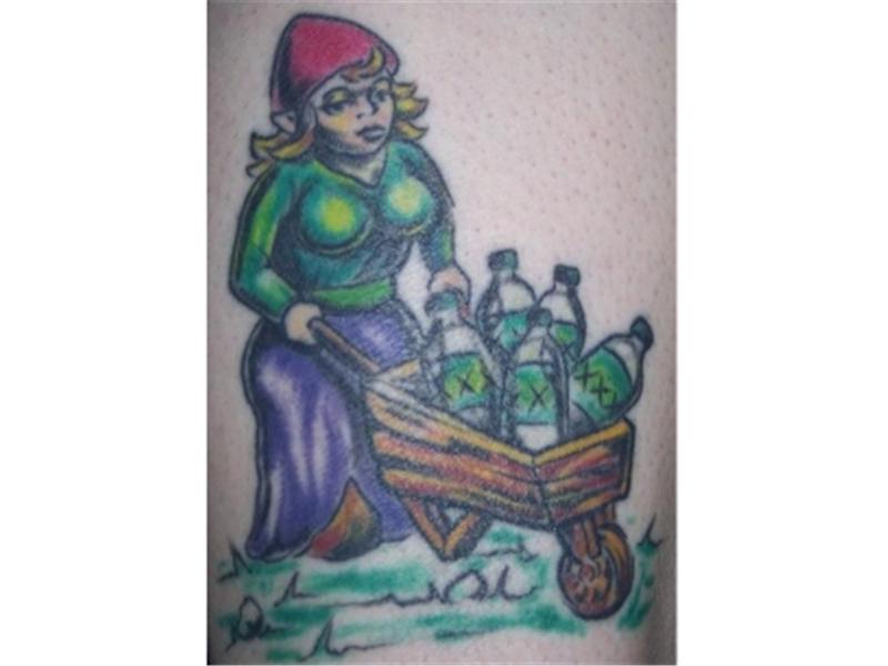 Most Bottles In A Tattoo Of A Gnome Pushing A Wheelbarrow Of Bottles 