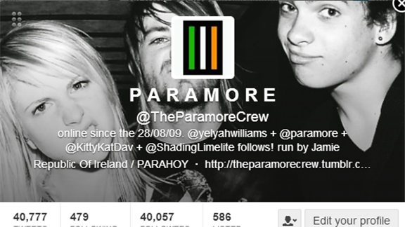 Most Followers for Irish Paramore Twitter Fanbase Account